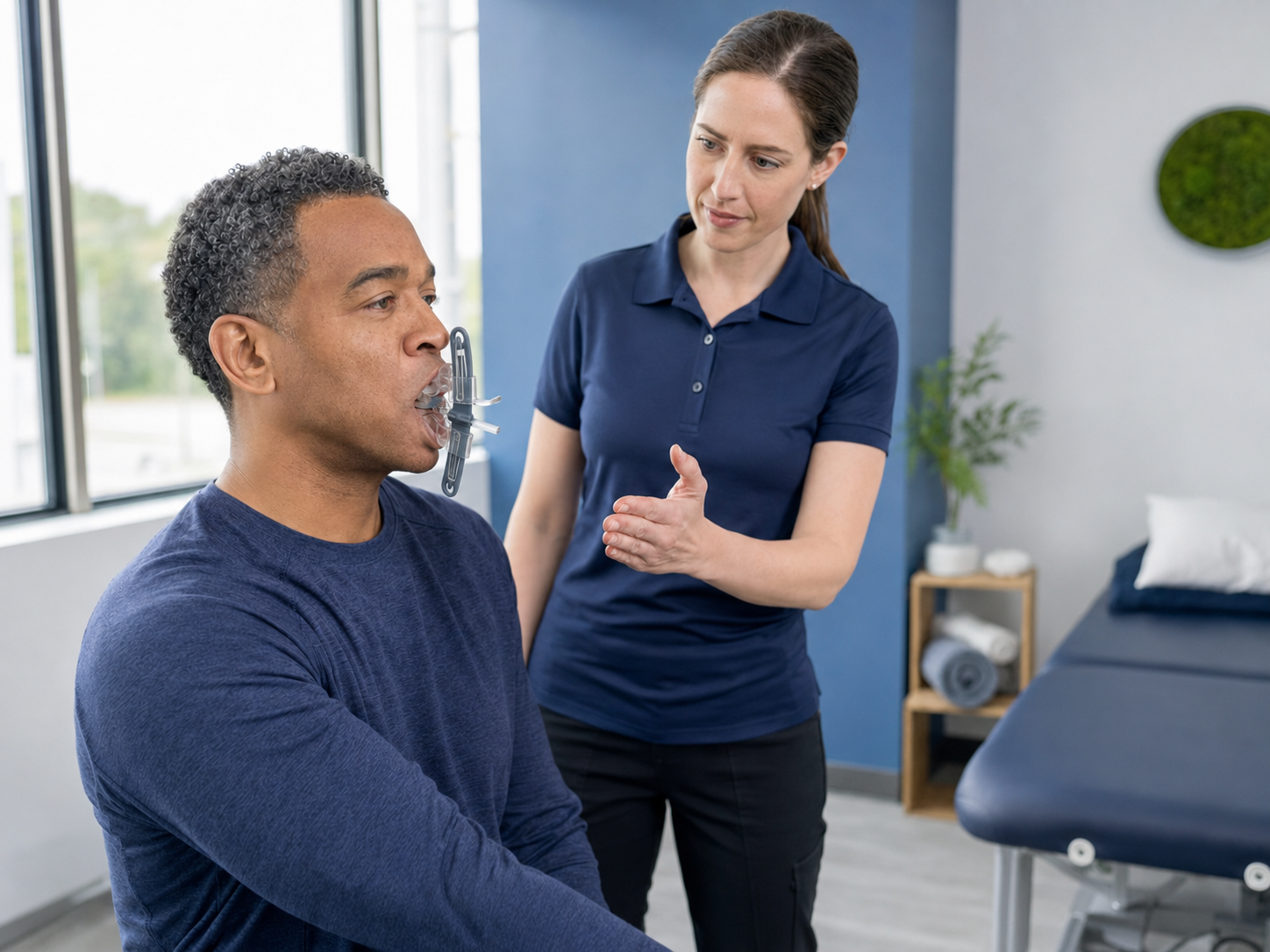 Patient performing supervised facial resistance therapy with the vertically aligned ISO Metrik device in a clinic
