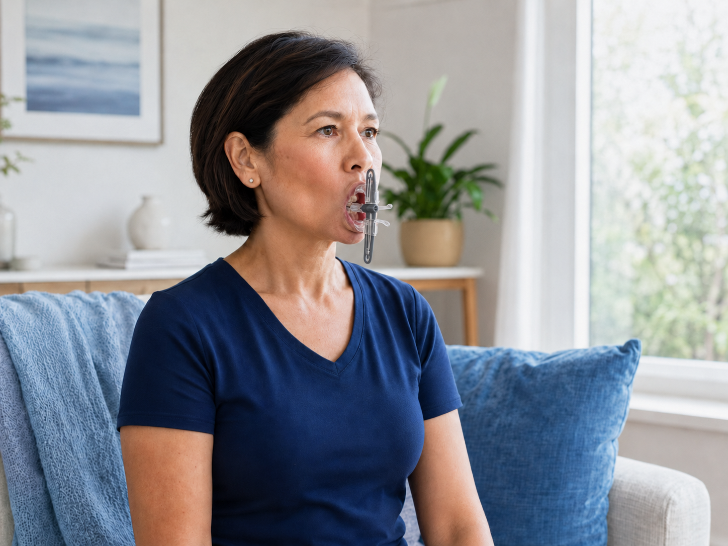 Patient completing prescribed facial resistance rehabilitation at home with the vertically aligned ISO Metrik device