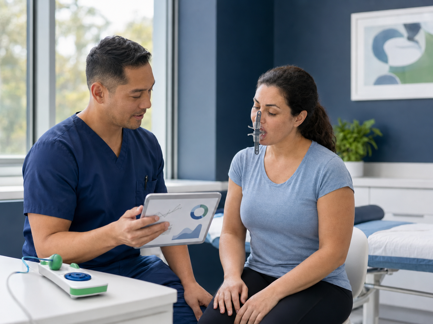 Physical therapist reviewing progress while a patient uses the vertically aligned ISO Metrik device