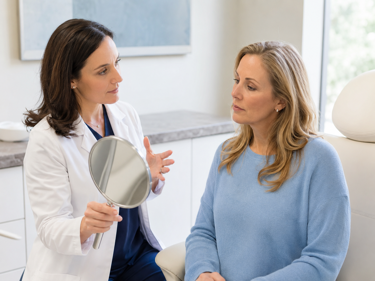 Aesthetic clinician discussing facial changes and rehabilitation options with a patient