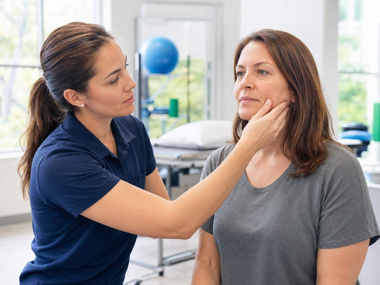 Physical therapist evaluating a patient's facial motor control