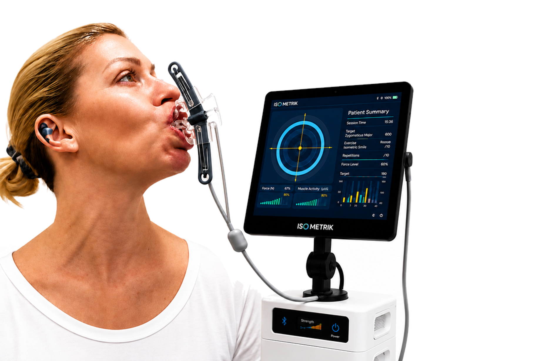 Patient using the ISO Metrik facial resistance therapy platform