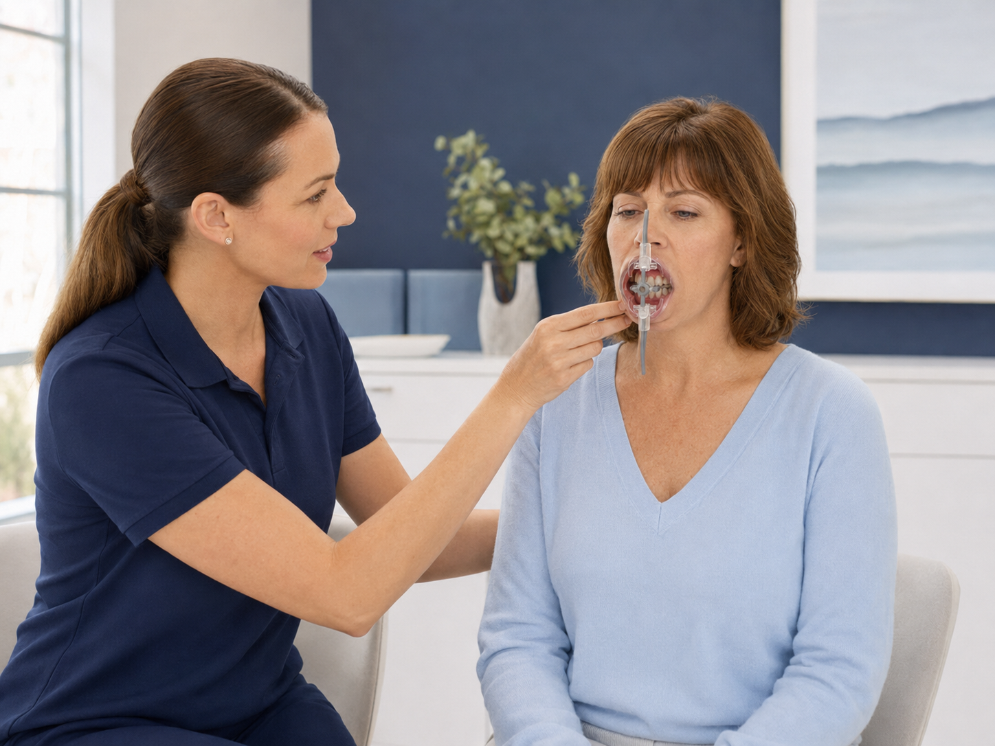 A physical therapist supervising treatment with the ISO Metrik device