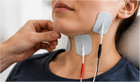 Electrical stimulation electrodes positioned on a patient's face and neck
