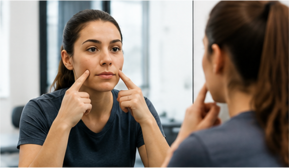 Patient completing facial exercises in front of a mirror