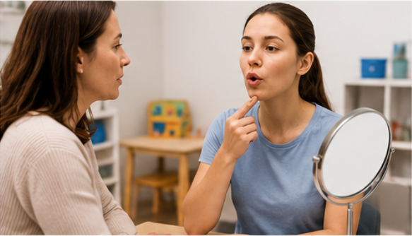 Speech-language therapist guiding a patient through facial and speech exercises