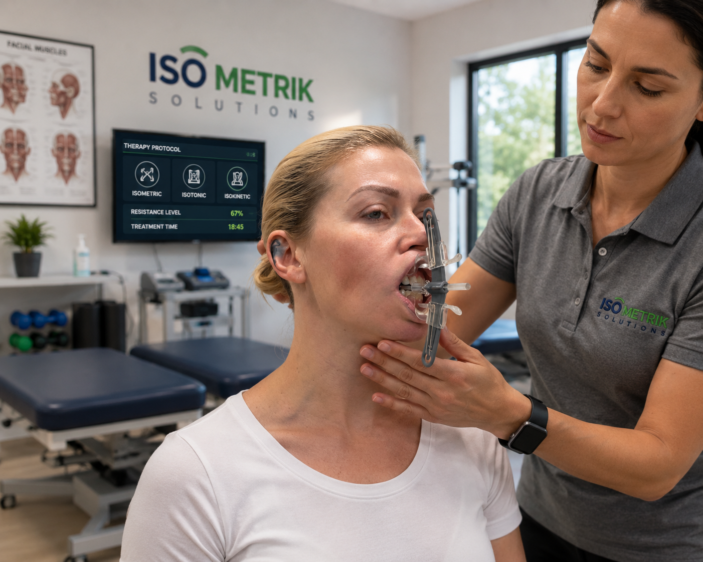 Patient completing isokinetic facial rehabilitation